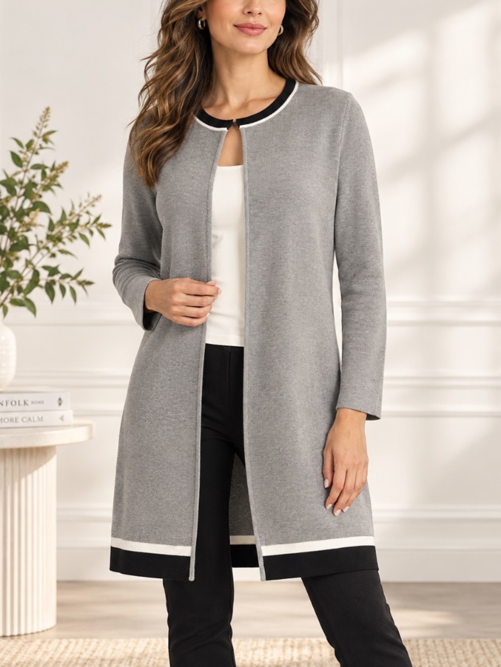 Calvin Klein Womens Long Cardigan Sweater M Gray Black White Open Front NWT